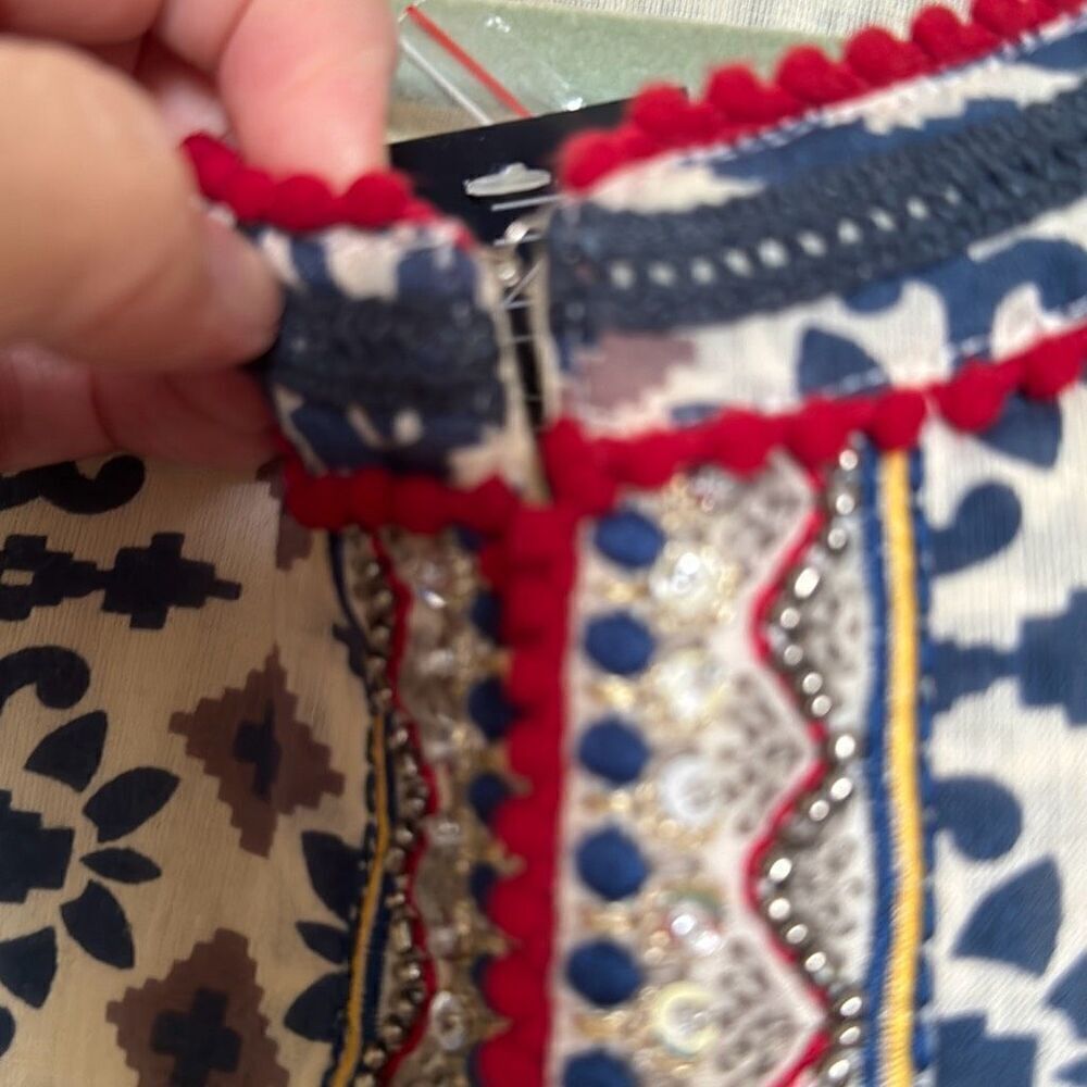 Indigo Moon Tan and Blue Patterned, Embellished Jacket, Size M, NWT - Picture 7 of 13